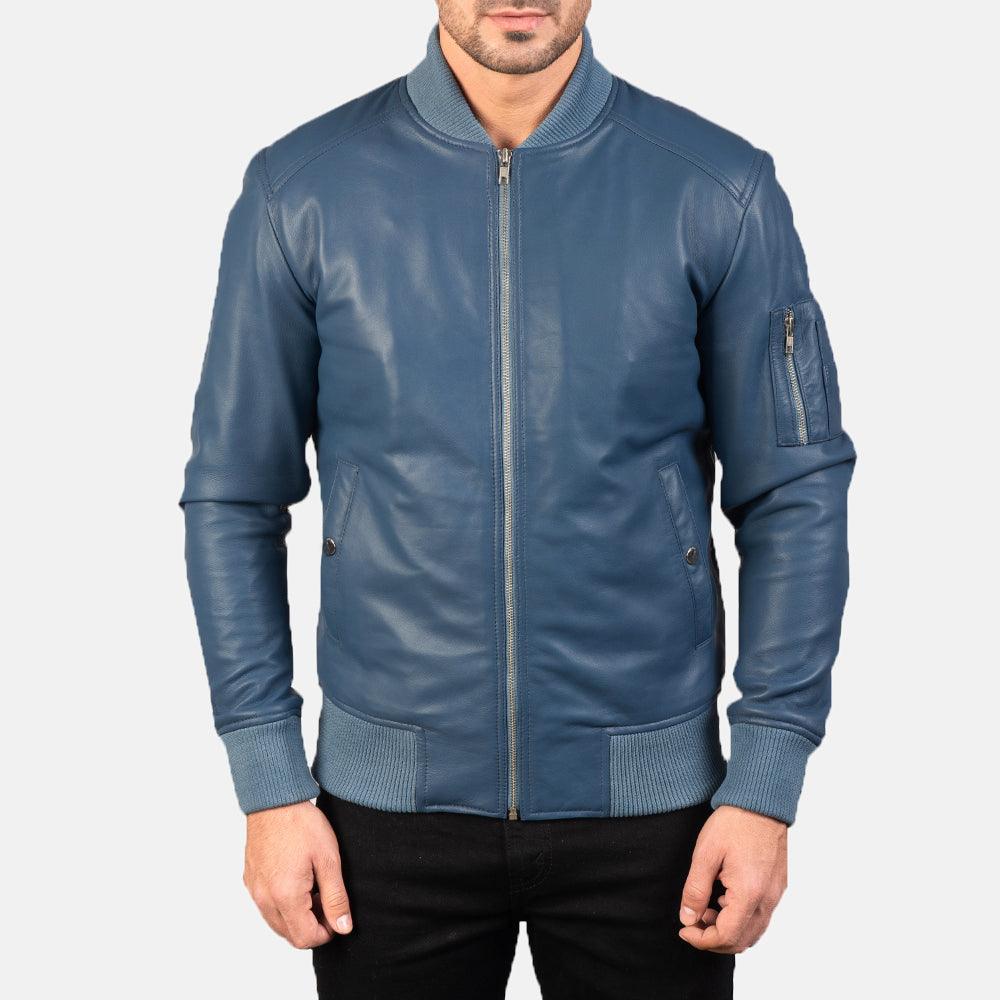 Sapphire Blue Leather Bomber Jacket-3