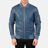 Sapphire Blue Leather Bomber Jacket-3