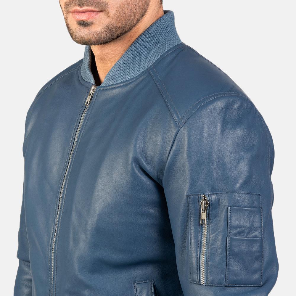 Sapphire Blue Leather Bomber Jacket-1