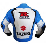 Suzuki Branded Motorbike White Blue Black Leather Jacket Back