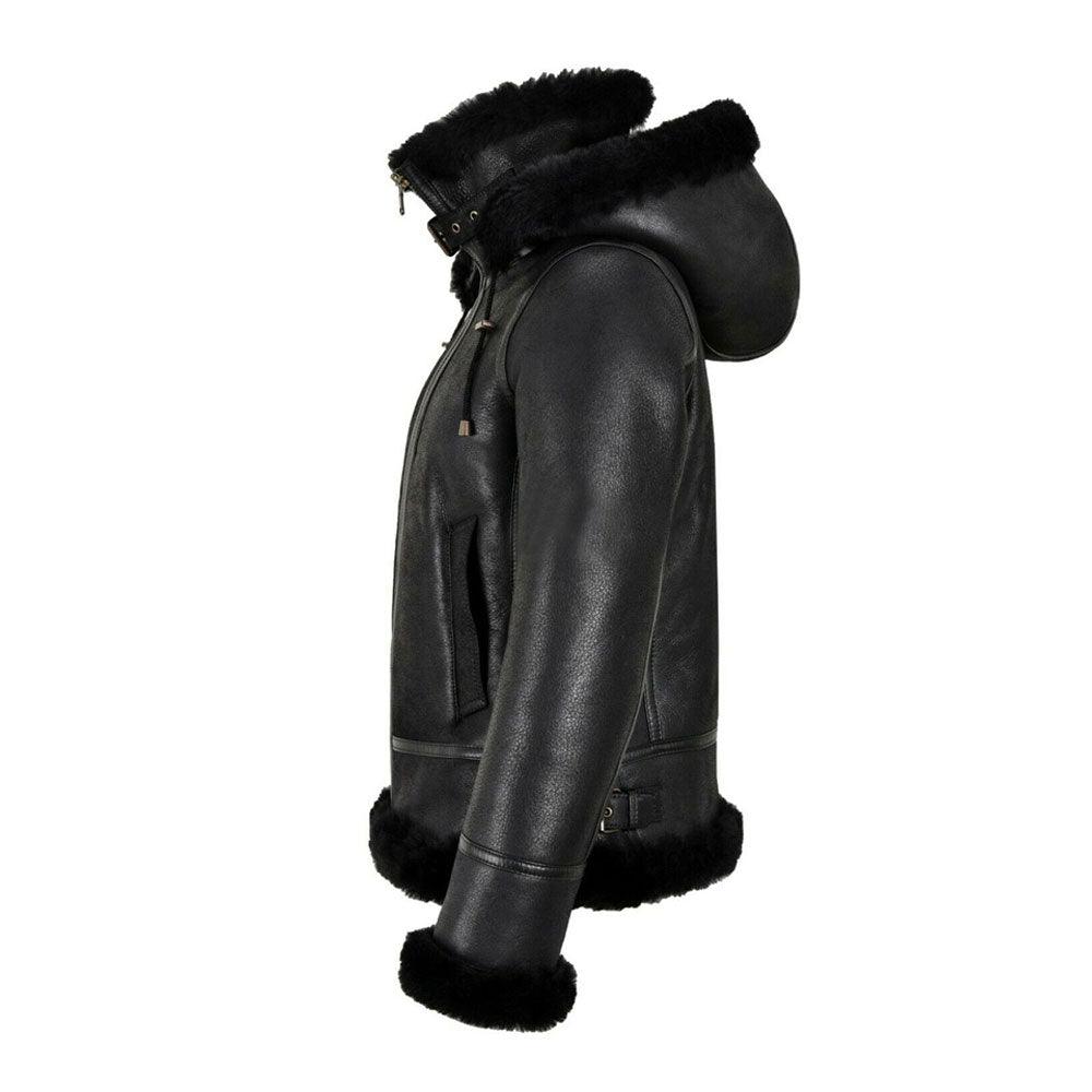 Womens B3 Bomber Hooded Classic Black Shearling Jacket-1