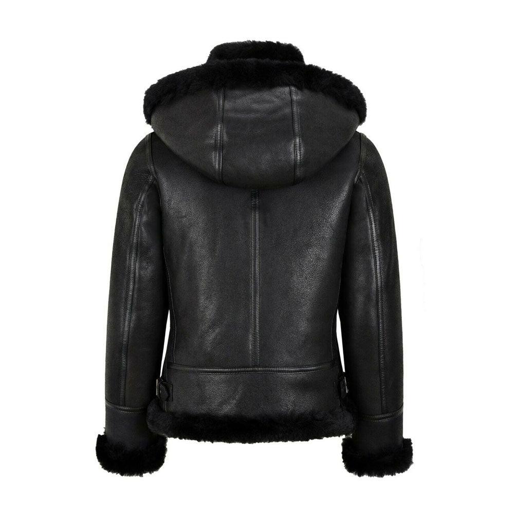 Womens B3 Bomber Hooded Classic Black Shearling Jacket-2