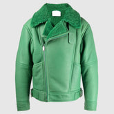 Womens Biker Green Shearling Fur Leather Jacket Front