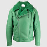 Womens Biker Green Shearling Fur Leather Jacket Front