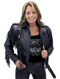 Womens Black Cropped Leather Jacket with Fringe-1
