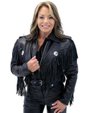 Womens Black Cropped Leather Jacket with Fringe-2