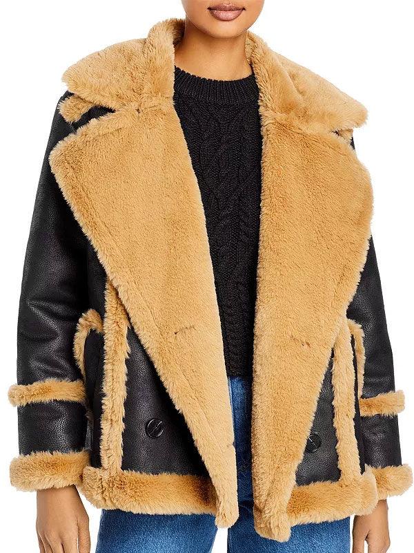 Womens Black Leather Shearling Double Breasted Jacket-1