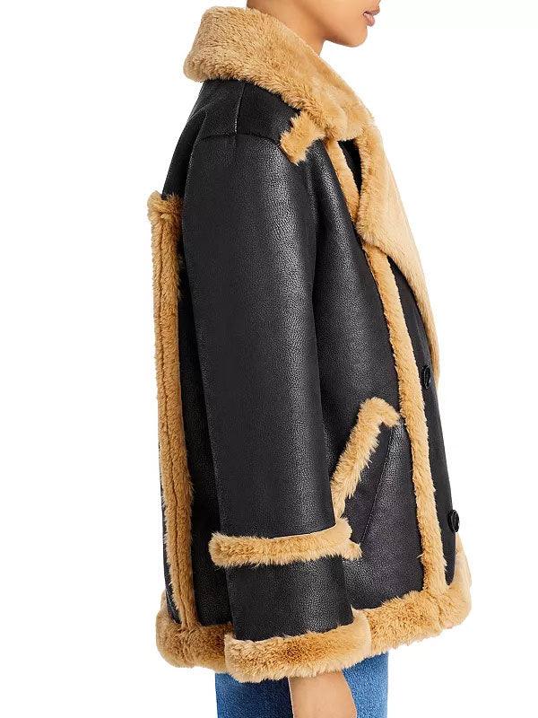 Womens Black Leather Shearling Double Breasted Jacket-2