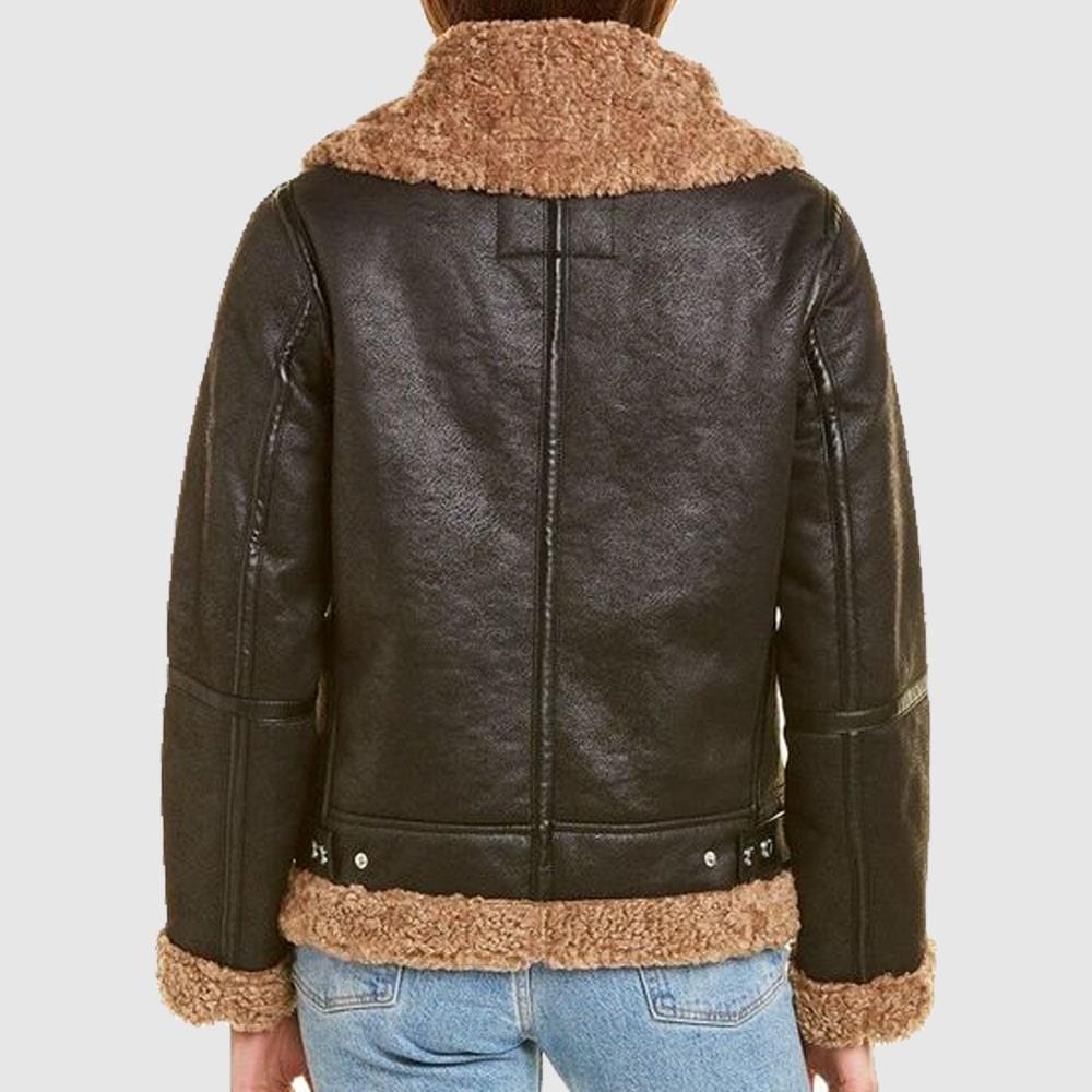 Womens Black SF Bomber Aviator Shearling Jacket Back