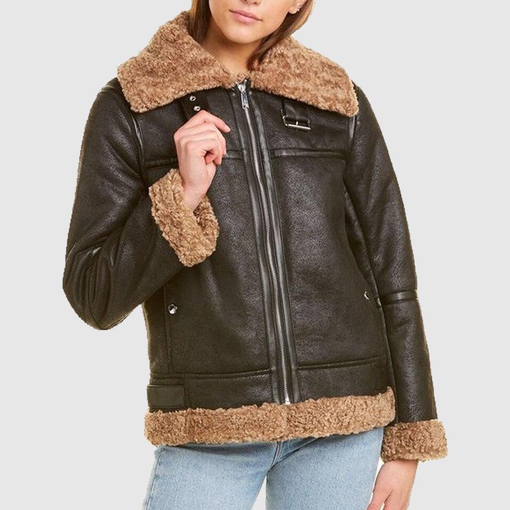 Womens Black SF Bomber Aviator Shearling Jacket Front