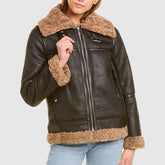 Womens Black SF Bomber Aviator Shearling Jacket Front