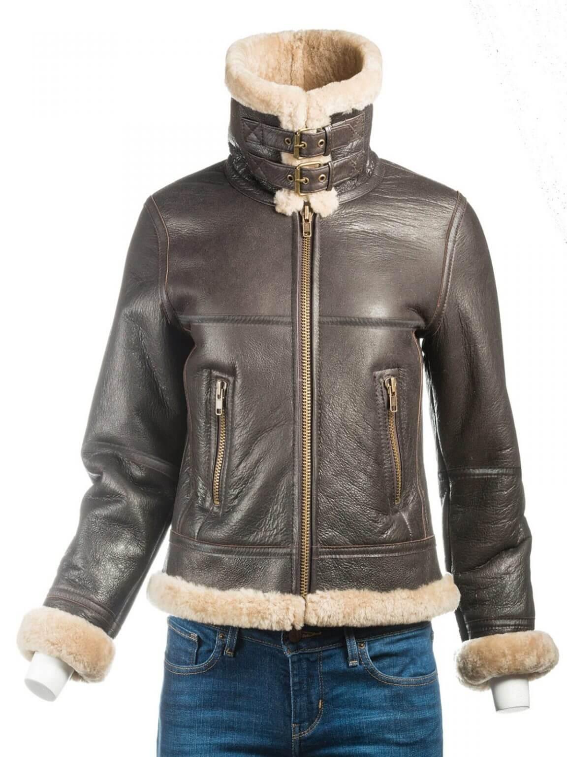 Womens Brown B3 Bomber Aviator Shearling Jacket-3