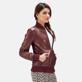 Womens Reida Maroon Leather Bomber Jacket-1