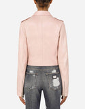 Womens Tab Collar Light Pink Biker Leather Jacket-1
