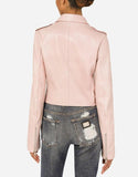 Womens Tab Collar Light Pink Biker Leather Jacket-4