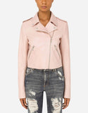 Womens Tab Collar Light Pink Biker Leather Jacket