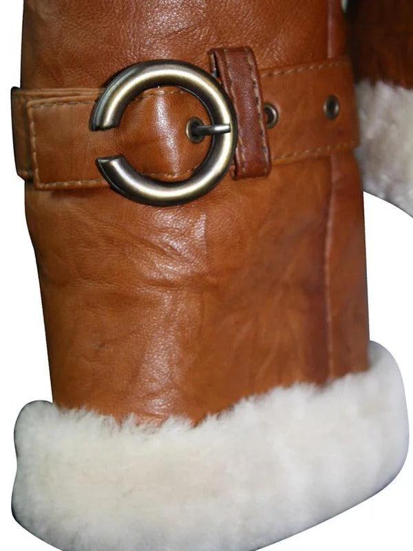 Womens Tan Brown Double Breasted Shearling Jacket-3