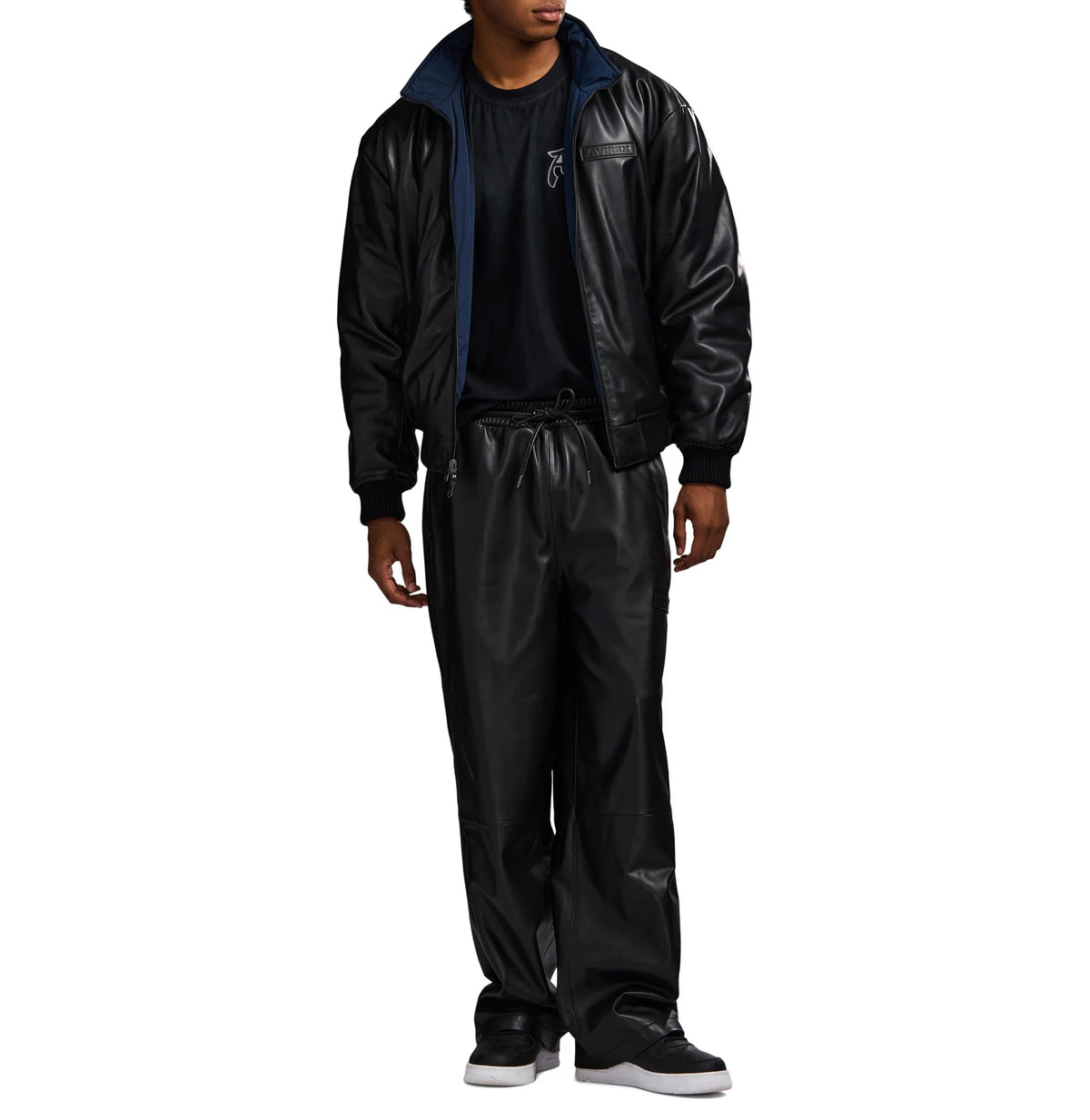 Mens Avirex Black Leather Track Pant