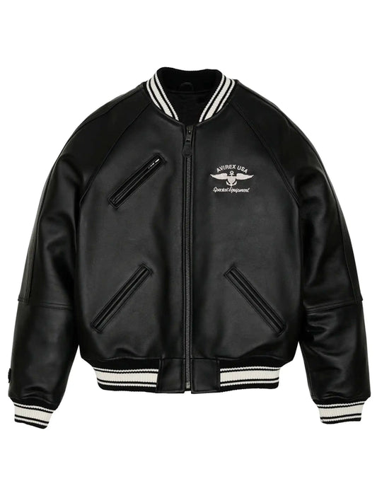 Mens Avirex Stadium Black Leather Jacket