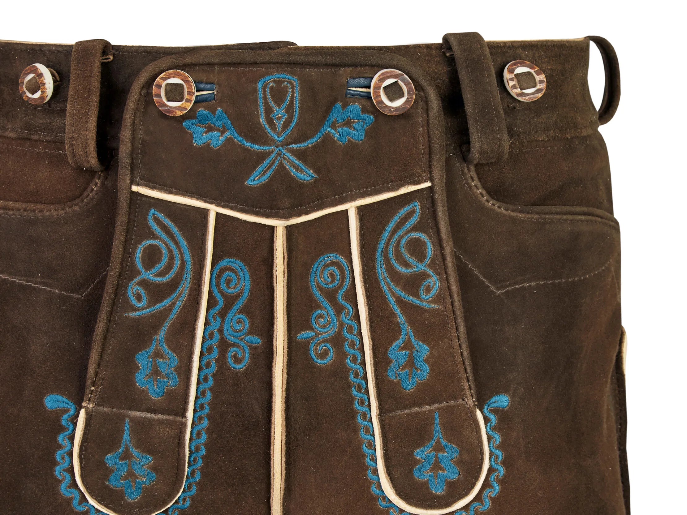 Bunte schwarze Ziegenlederhose mit Hosenträgern