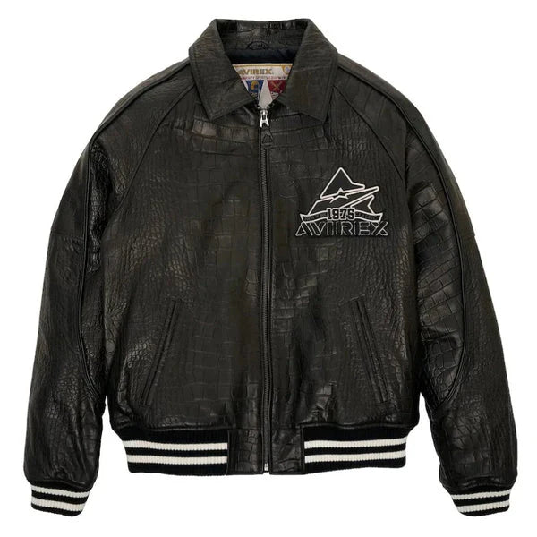Womens Black Avirex Croc Embossed Leather Jacket