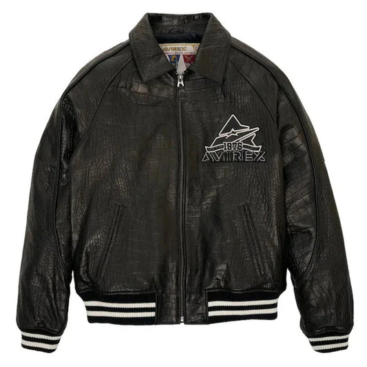 Womens Black Avirex Croc Embossed Leather Jacket