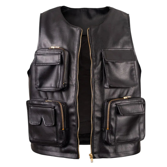 Mens-Black-Leather-Hunting-Vest