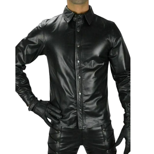 Mens-Black-Long-Sleeve-Collared-Shirt-Front