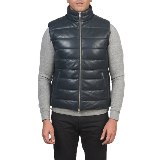 Mens-Blue-Leather-Puffer-Vest-Close