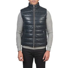 Mens-Blue-Leather-Puffer-Vest-Close