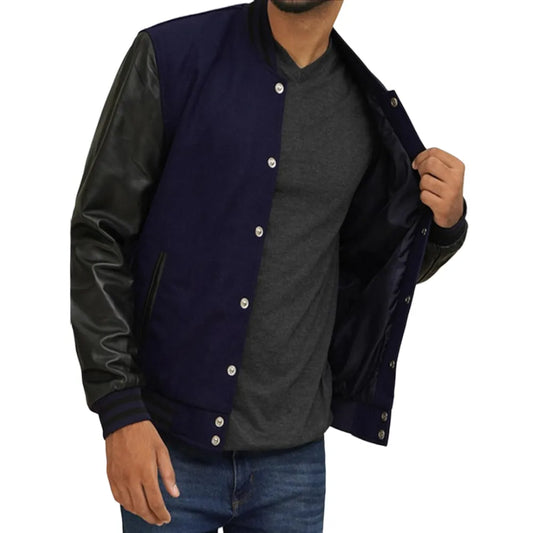 Mens-Navy-Blue-And-Black-Varsity-Jacket-Model