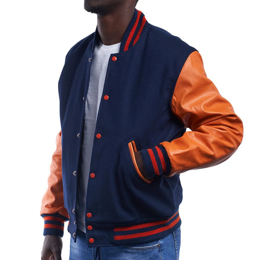 Mens-Navy-Blue-and-Orange-Varsity-Jacket-Model