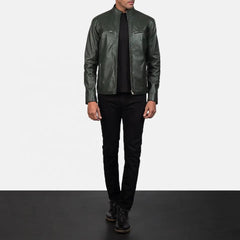 Mens-Olive-Green-Leather-Biker-Jacket-Model