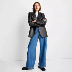 Womens-Faux-Leather-Black-Blazer-Jacket-Front