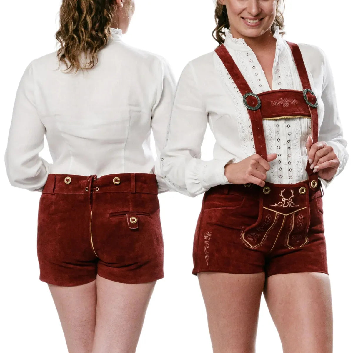 Women-Lederhosen-Hot-Pant-Cherry-Red-Model-Front-Back