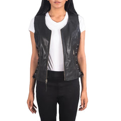 Womens-Black-Leather-Biker-Vest-Open