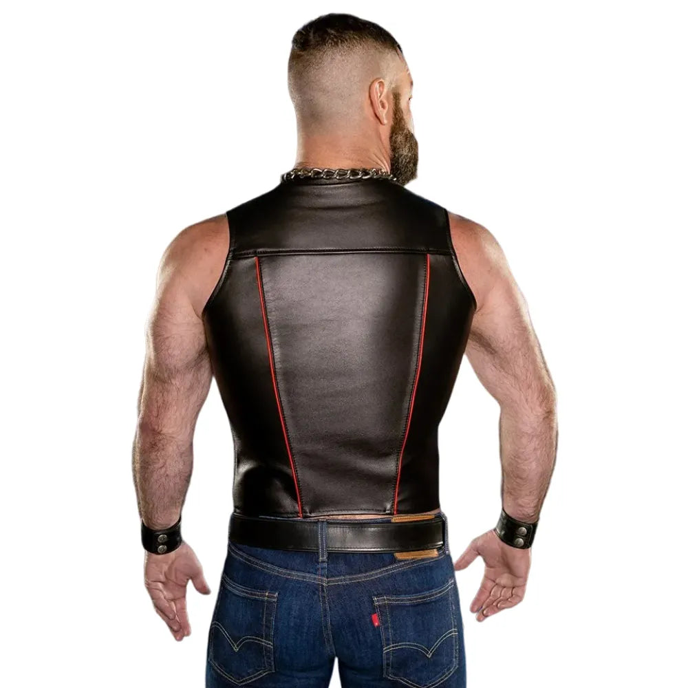 Paping Back Zip Front Gay Leather Vest With Red Piping | 20% OFF – Leatherjacketwear