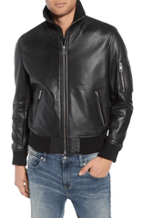Mens Casual Black Leather Bomber Jacket