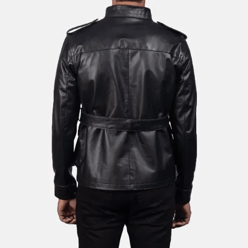 Black Cow Leather Coat with Golden Brass Buttons-1