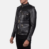 Black Cow Leather Coat with Golden Brass Buttons-2