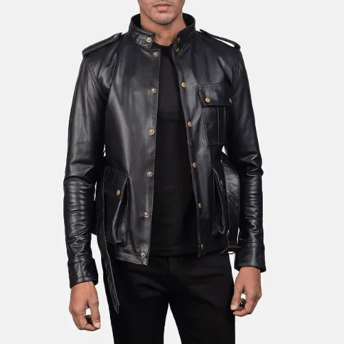 Black Cow Leather Coat with Golden Brass Buttons-3