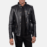 Black Cow Leather Coat with Golden Brass Buttons-3