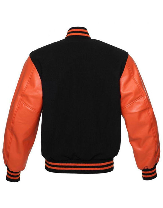 Black Varsity Jacket Womens with Orange Leather Sleeves back