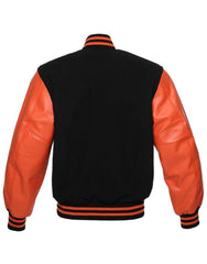Black Varsity Jacket Womens with Orange Leather Sleeves back