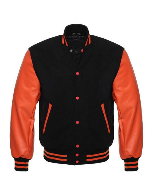 Black Varsity Jacket Womens with Orange Leather Sleeves