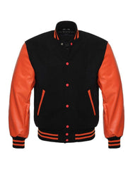 Black Varsity Jacket Womens with Orange Leather Sleeves