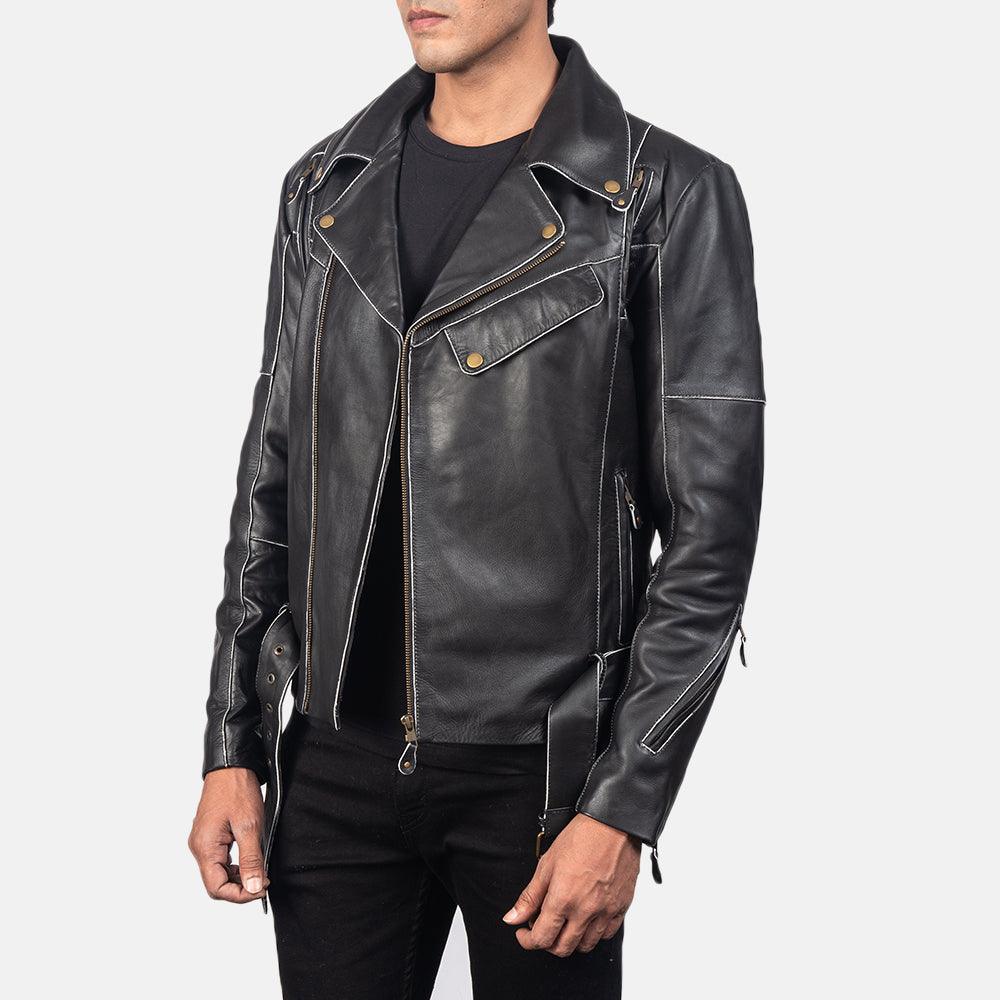 Bright Black Biker Jacket Men-4