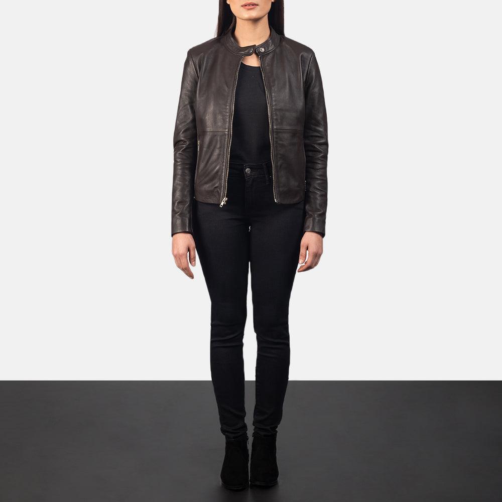 Women's Brown Leather Biker Jacket-5