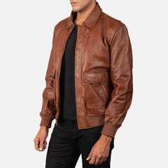 Coffman Olive Brown Leather Bomber Jacket Men-4