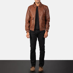 Coffman Olive Brown Leather Bomber Jacket Men-5